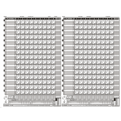 The My Scorebooks Diamond Sport Gear 15 Player Side by Side Scorebook (MSBXLG15) features two columns, space for 15 players, innings 1–10, running score, pitching stats, and spots for team info, date, umpires, and scorers.