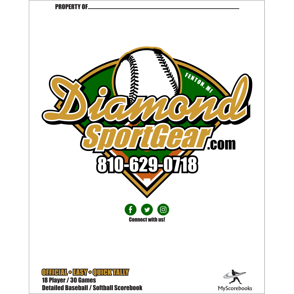 Logo for DiamondSportGear.com features a baseball, green home plate, "Fenton, MI" text, and 810-629-0718. Social icons and info about My Scorebooks' Diamond Sport Gear 18 Player Vertical Scorebook: MSB18 show at the bottom.