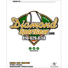 Logo for DiamondSportGear.com features a baseball, green home plate, "Fenton, MI" text, and 810-629-0718. Social icons and info about My Scorebooks' Diamond Sport Gear 18 Player Vertical Scorebook: MSB18 show at the bottom.