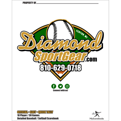 Logo for DiamondSportGear.com features a baseball, green home plate, "Fenton, MI" text, and 810-629-0718. Social icons and info about My Scorebooks' Diamond Sport Gear 18 Player Vertical Scorebook: MSB18 show at the bottom.