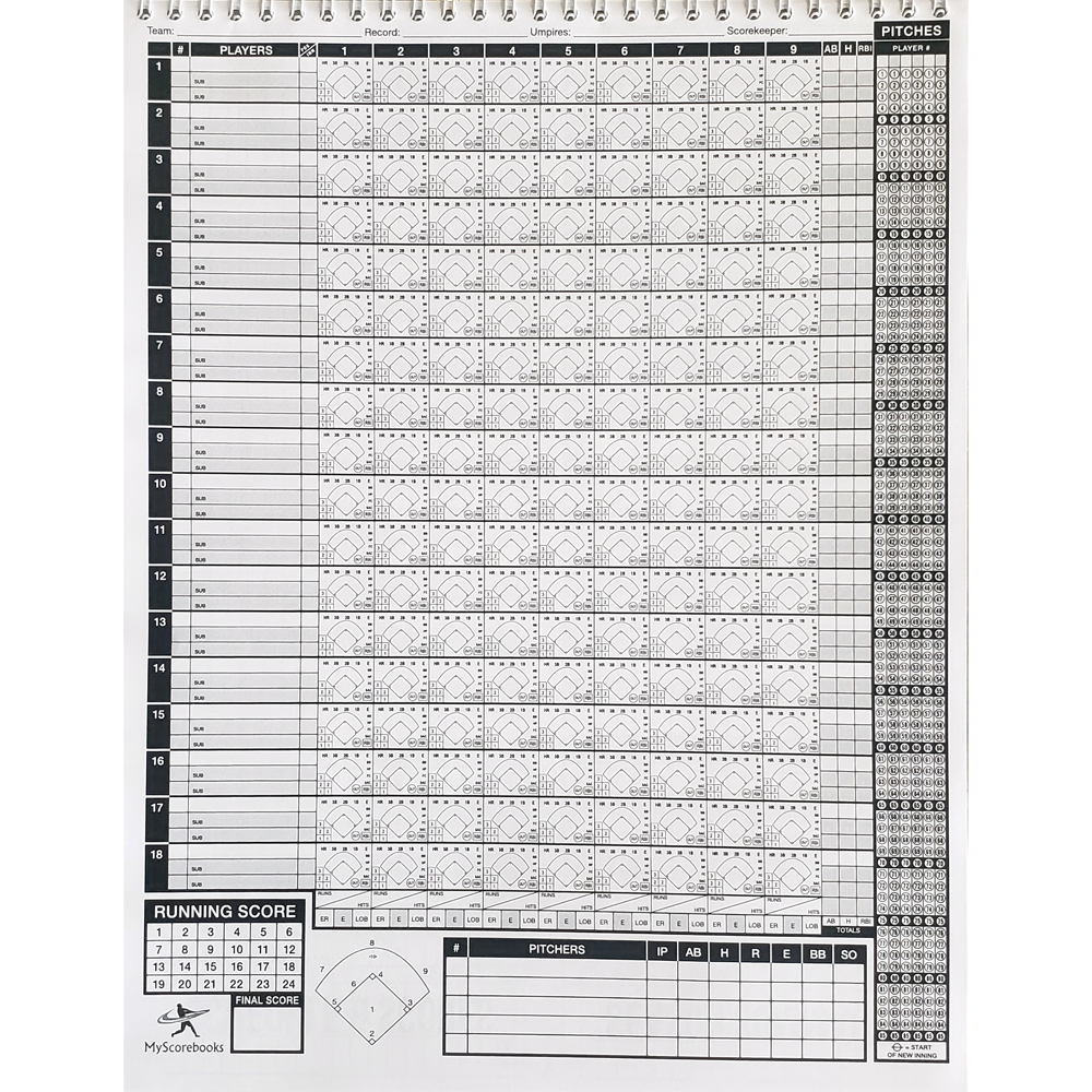 The Diamond Sport Gear 18 Player Vertical Scorebook: MSB18 by My Scorebooks features columns and rows for players, innings, pitches, and stats—plus sections for lineup details, running score, field diagram, and pitch counts.