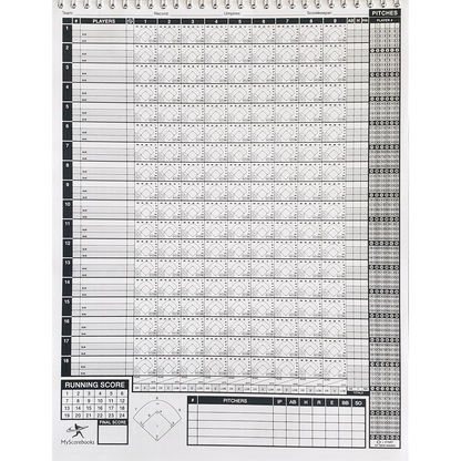 The Diamond Sport Gear 18 Player Vertical Scorebook: MSB18 by My Scorebooks features columns and rows for players, innings, pitches, and stats—plus sections for lineup details, running score, field diagram, and pitch counts.