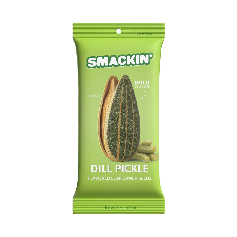 A green 1.5oz bag of Smackin' Sunflower Seeds shows a large seed and small pickles on the front, with bold "Dill Pickle" flavor text and branding from Smackin' Sunflower Seeds.