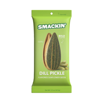 A green 1.5oz bag of Smackin' Sunflower Seeds shows a large seed and small pickles on the front, with bold "Dill Pickle" flavor text and branding from Smackin' Sunflower Seeds.