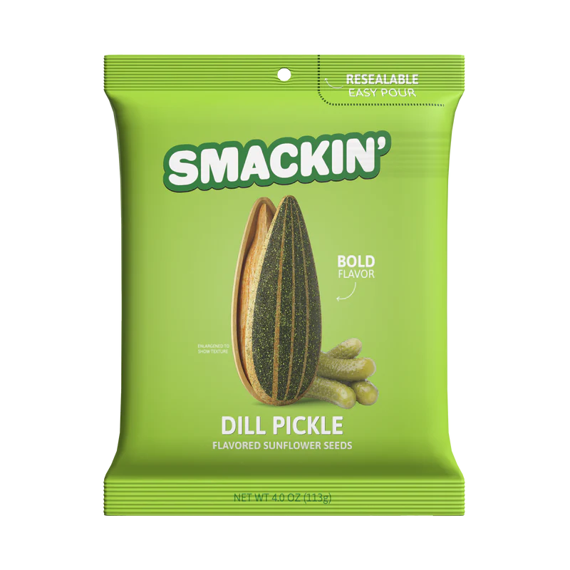 A green 4oz bag of Smackin' Sunflower Seeds in Dill Pickle flavor, featuring jumbo seeds and tangy pickle taste. Bold Flavor and Resealable Easy Pour packaging make it ideal for savory snacking on the go.