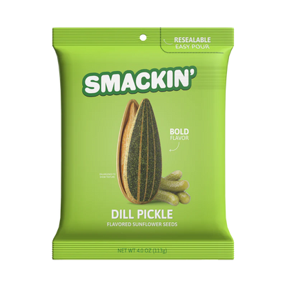 A green 4oz bag of Smackin' Sunflower Seeds in Dill Pickle flavor, featuring jumbo seeds and tangy pickle taste. Bold Flavor and Resealable Easy Pour packaging make it ideal for savory snacking on the go.