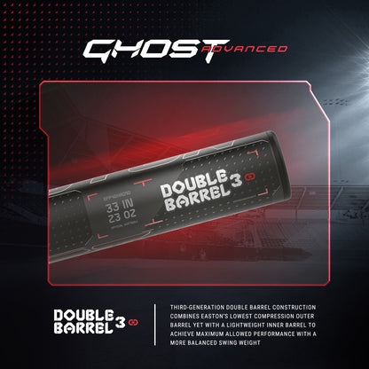 A close-up of the 2024 Easton Ghost Advanced (-9) Fastpitch Softball Bat (33"/24oz) highlights its design, balanced swing weight, and third-gen double barrel construction from Easton. Text details its advanced specs and performance features.