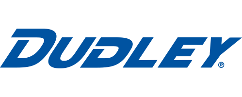 The image displays the word DUDLEY in bold, blue, italicized uppercase letters on a light gray background.
