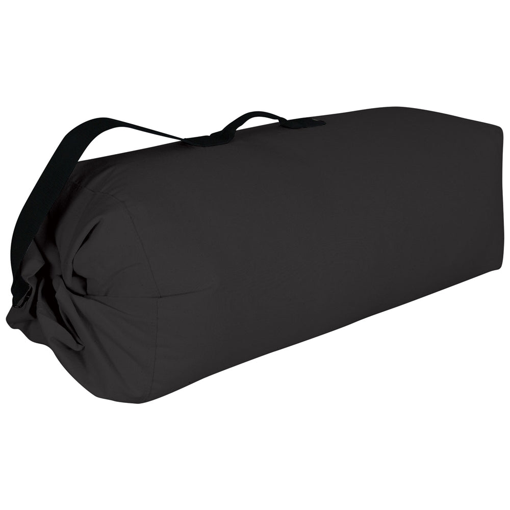 The Champro Sports E14 Large Canvas Duffle Equipment Bag in black features a top handle, adjustable shoulder strap, steel ring and clip closure, holds up to 18 bats, and is shown against a white background.