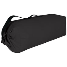 The Champro Sports E14 Large Canvas Duffle Equipment Bag in black features a top handle, adjustable shoulder strap, steel ring and clip closure, holds up to 18 bats, and is shown against a white background.