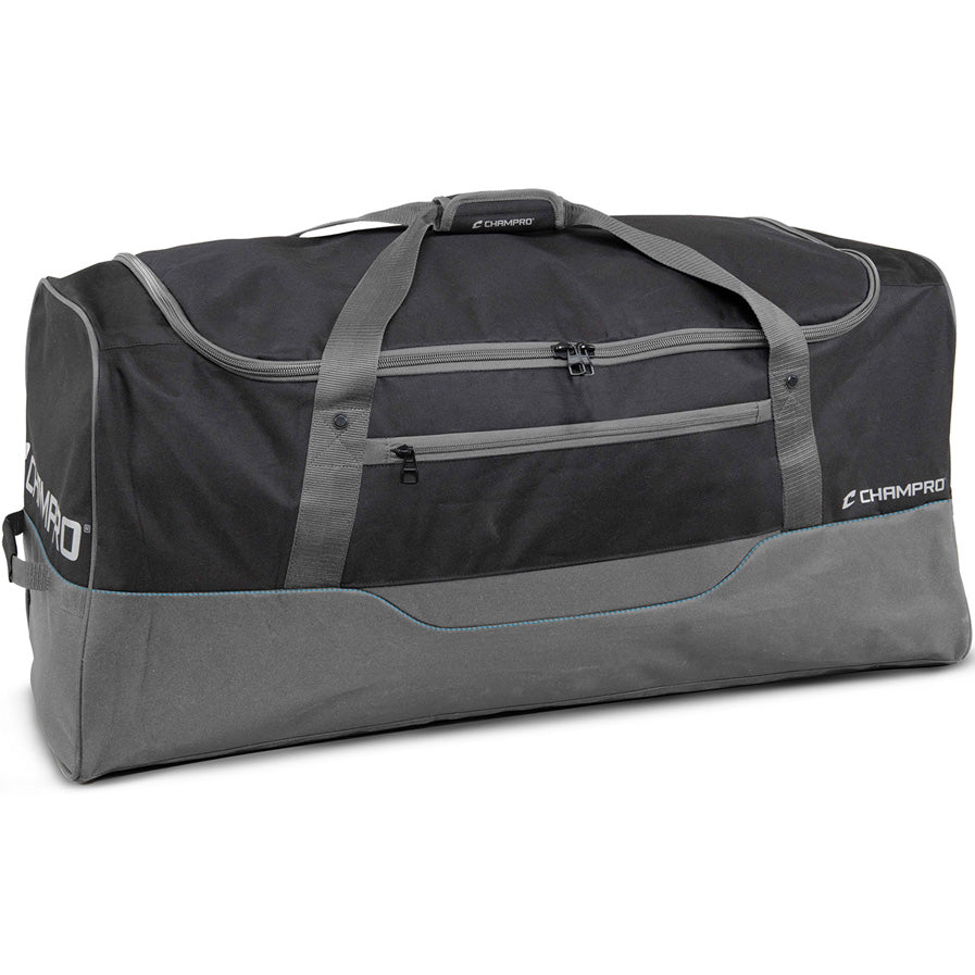 The Champro Sports Ultimate Carry All Equipment Bag (E85) is a large black and gray duffle with two handles, top zipper, front zip pocket, and Champro logo—ideal for carrying all your team gear.