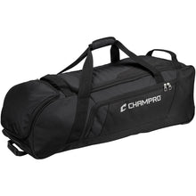 The Champro Sports Boss Wheeled Catcher's Bag: E92 is a black gear bag with handles, a dedicated bat pocket, and durable all-terrain wheels for easy transport.