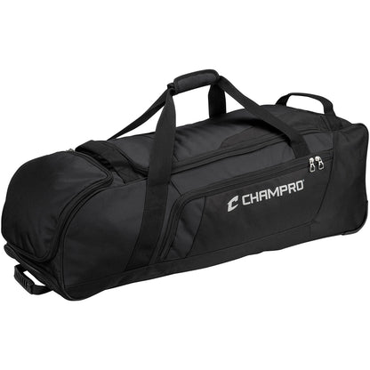 The Champro Sports Boss Wheeled Catcher's Bag: E92 is a black gear bag with handles, a dedicated bat pocket, and durable all-terrain wheels for easy transport.