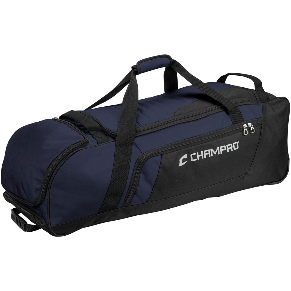 The Champro Sports Boss Wheeled Catcher's Bag: E92 is a large, navy blue and black bag with multiple zippered compartments, sturdy handles, wheels, and a bat pocket—ideal for athletes needing organized storage on the move.