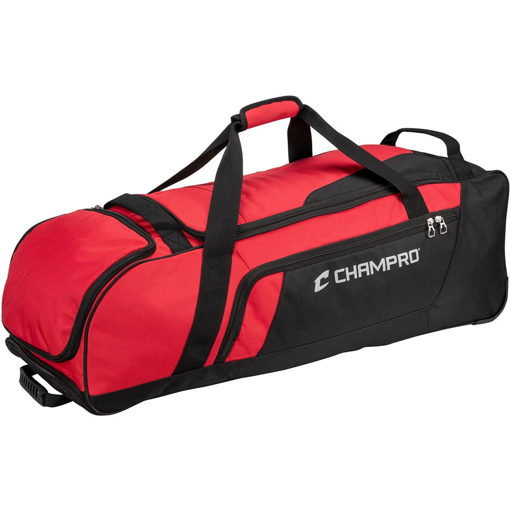 The Champro Boss Wheeled Catcher's Bag: E92 by Champro Sports comes in red and black, featuring a spacious main compartment ideal for all your gear.