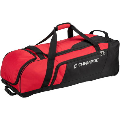 The Champro Boss Wheeled Catcher's Bag: E92 by Champro Sports comes in red and black, featuring a spacious main compartment ideal for all your gear.