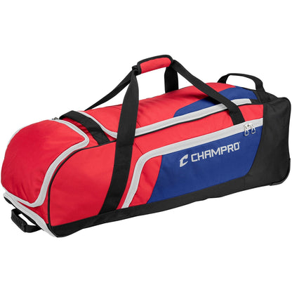 The Champro Sports Boss Wheeled Catcher's Bag: E92 is a large red, blue, and black gear bag with multiple zippered compartments, a bat pocket, and black handles—perfect for carrying athletic equipment to the field.