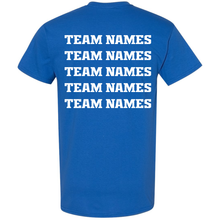 Blue 2027 NSA Early Bird Bash Fastpitch Tournament Shirt by DSG Apparel featuring five lines of white text that read TEAM NAMES on the back.