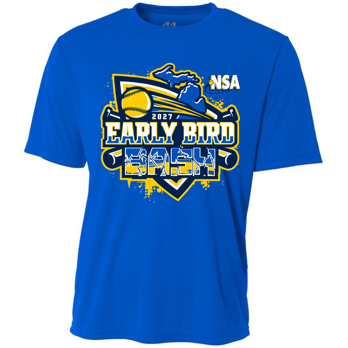 Royal blue cotton blend 2027 NSA Early Bird Bash Fastpitch Tournament Shirt featuring a chest graphic of a softball, the state of Michigan, and the text 2027 Early Bird Bash NSA.