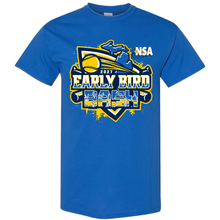 Royal blue DSG Apparel 2027 NSA Early Bird Bash Fastpitch Tournament Shirt featuring a graphic with a yellow softball, a silhouette of Michigan, and two crossed bats.