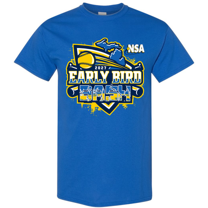 Royal blue DSG Apparel 2027 NSA Early Bird Bash Fastpitch Tournament Shirt featuring a graphic with a yellow softball, a silhouette of Michigan, and two crossed bats.