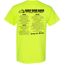 Back of a safety green DSG Apparel classic fit t-shirt with black text for the 2024 NSA Early Bird Bash Fastpitch Tournament.
