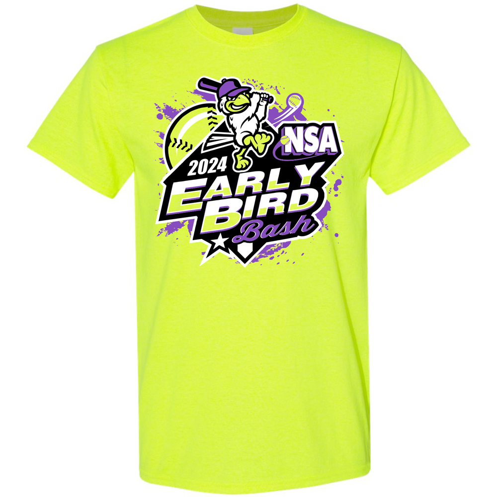 The DSG Apparel 2024 NSA Early Bird Bash Fastpitch Tournament T-Shirt in safety green features a cartoon bird with bat, softball, and "2024 NSA Early Bird Bash" in bold colors with paint splatter. Classic fit for comfort and style.