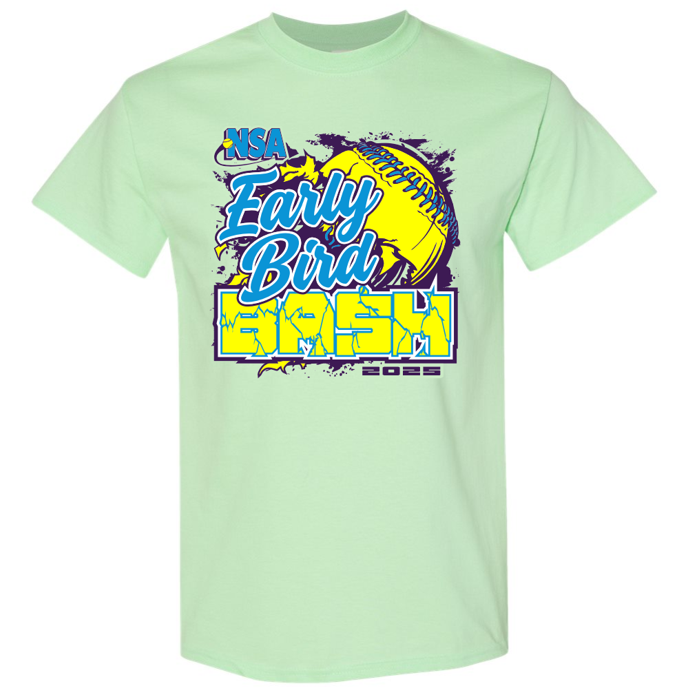 Light green DSG Apparel 2025 NSA Early Bird Bash Fastpitch Tournament T-Shirt with a yellow softball graphic, blue and white event text, and "2025" in black at the bottom. Ideal tournament apparel for any fan or player.