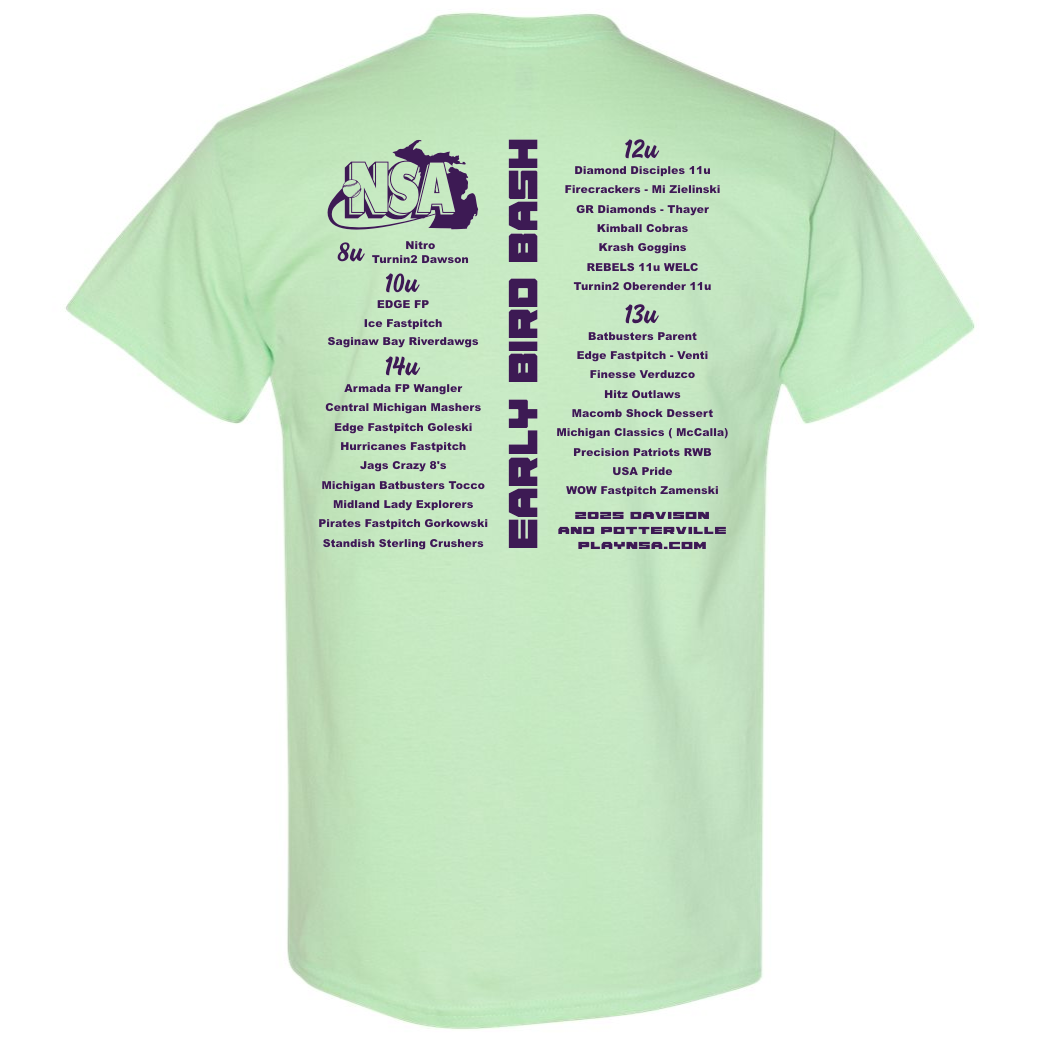 The 2025 NSA Early Bird Bash Fastpitch Tournament T-Shirt by DSG Apparel is mint green with the event logo, team names, details in purple and black, a softball graphic, and a vertical “Early Bird Bash” banner on the back—ideal fan apparel!.