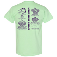 The 2025 NSA Early Bird Bash Fastpitch Tournament T-Shirt by DSG Apparel is mint green with the event logo, team names, details in purple and black, a softball graphic, and a vertical “Early Bird Bash” banner on the back—ideal fan apparel!.