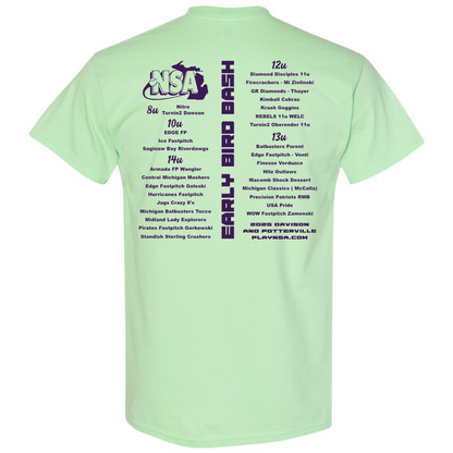 The 2025 NSA Early Bird Bash Fastpitch Tournament T-Shirt by DSG Apparel is mint green with the event logo, team names, details in purple and black, a softball graphic, and a vertical “Early Bird Bash” banner on the back—ideal fan apparel!.