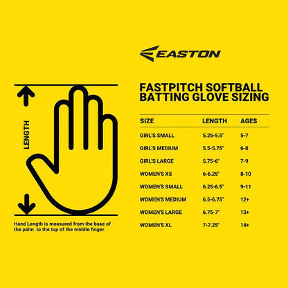 Chart for Easton Ghost Ethos Fastpitch Batting Gloves: GH26FPBG by Easton, with female-specific sizing. Includes a hand illustration for measuring, girls’ and women’s sizes with age ranges, and a yellow background.