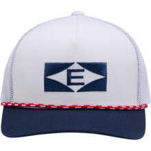 The Easton Retro Snapback Hat (EAVH-WHNY) features a white and navy design, blue geometric E logo on front, red-and-white rope above the brim, mesh back, and an adjustable snapback closure for a classic fit.