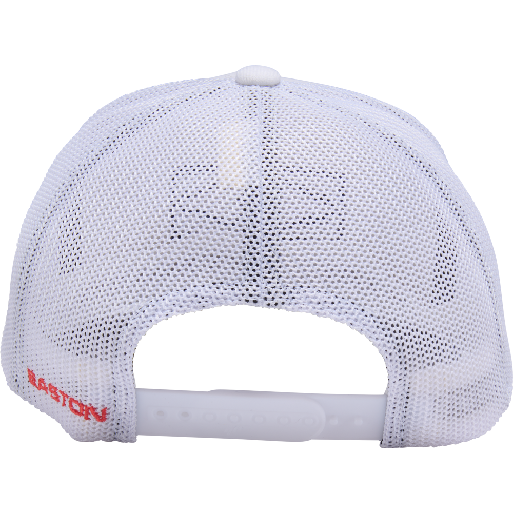 The Easton Retro Snapback Hat (EAVH-WHNY) in white is shown from the rear, featuring a mesh back, snapback closure, and "EASTON" embroidered in red on the left side.