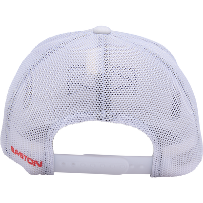 The Easton Retro Snapback Hat (EAVH-WHNY) in white is shown from the rear, featuring a mesh back, snapback closure, and "EASTON" embroidered in red on the left side.