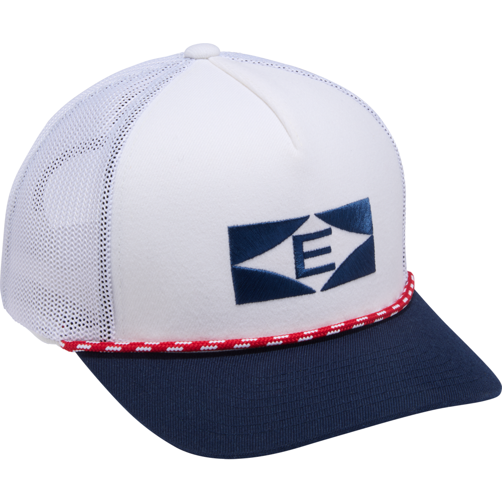 The Easton Retro Snapback Hat (EAVH-WHNY) by Easton features a white and navy design with mesh back, snapback closure, red and white trim, and a bold blue geometric E logo on the front panel.