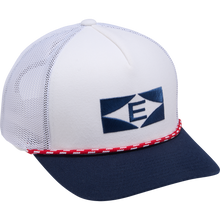 The Easton Retro Snapback Hat (EAVH-WHNY) by Easton features a white and navy design with mesh back, snapback closure, red and white trim, and a bold blue geometric E logo on the front panel.
