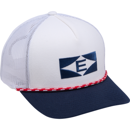 The Easton Retro Snapback Hat (EAVH-WHNY) by Easton features a white and navy design with mesh back, snapback closure, red and white trim, and a bold blue geometric E logo on the front panel.