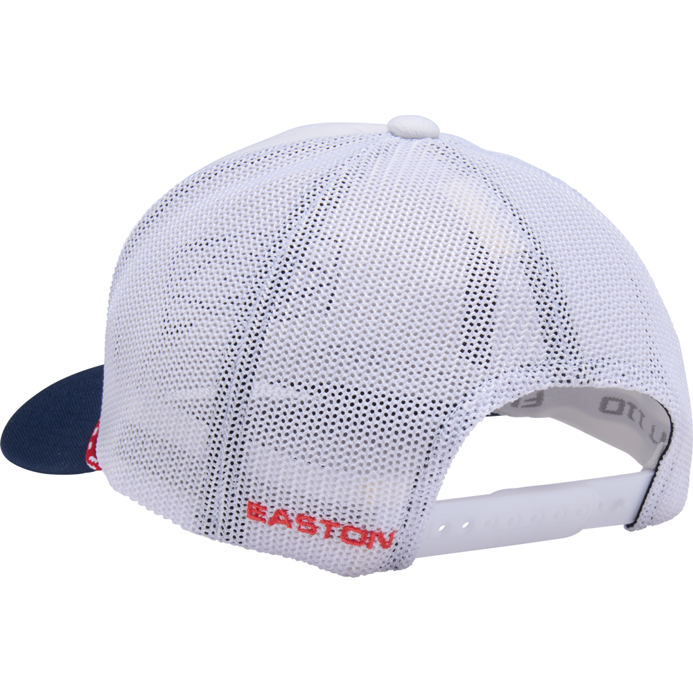 The Easton Retro Snapback Hat: EAVH-WHNY by Easton features a white mesh back, adjustable snapback closure, navy blue brim, and "EASTON" embroidered in red above the opening. Viewed from the back.