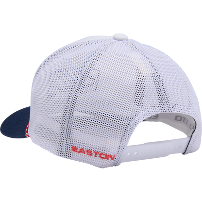 The Easton Retro Snapback Hat: EAVH-WHNY by Easton features a white mesh back, adjustable snapback closure, navy blue brim, and "EASTON" embroidered in red above the opening. Viewed from the back.
