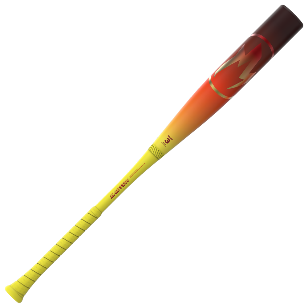 The 2026 Easton Hype Fire (-3) BBCOR Baseball Bat (EBB6HYP3) by Easton features a yellow and orange design, a red lightning bolt near the composite barrel, and a yellow grip on the handle.