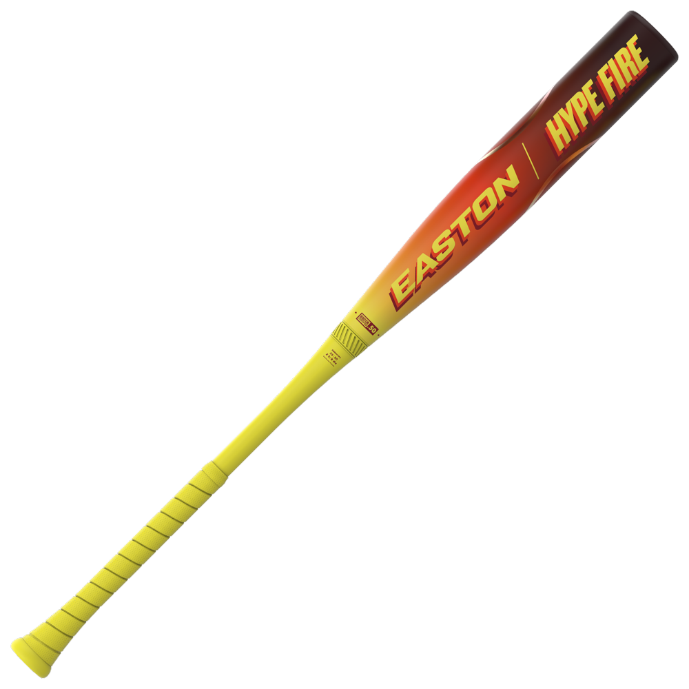 A 2026 Easton Hype Fire (-3) BBCOR Baseball Bat (EBB6HYP3) by Easton featuring yellow and red colors, a yellow handle, composite barrel, and “EASTON” and “HYPE FIRE” printed on the barrel.