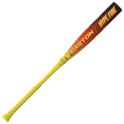 A 2026 Easton Hype Fire (-3) BBCOR Baseball Bat (EBB6HYP3) by Easton featuring yellow and red colors, a yellow handle, composite barrel, and “EASTON” and “HYPE FIRE” printed on the barrel.