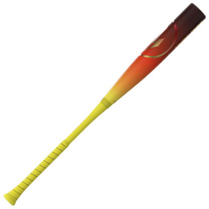 The 2026 Easton Hype Fire (-3) BBCOR Baseball Bat (EBB6HYP3) by Easton features a yellow handle fading to an orange and dark brown composite barrel, wrapped grip, and modern design.