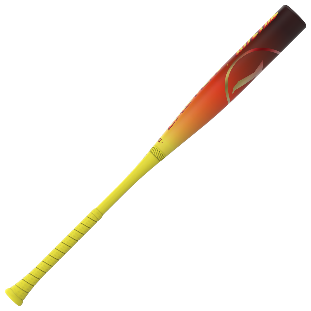 The 2026 Easton Hype Fire (-3) BBCOR Baseball Bat: EBB6HYP3 by Easton features a yellow handle and grip, fading to an orange and brown composite barrel with a stylized logo near the top, shown on a white background.