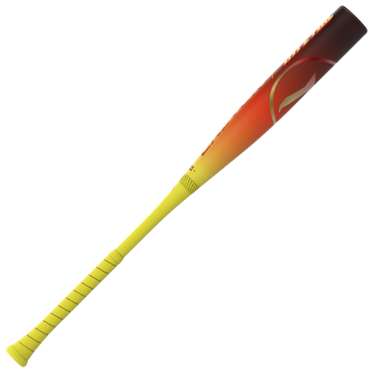 The 2026 Easton Hype Fire (-3) BBCOR Baseball Bat: EBB6HYP3 by Easton features a yellow handle and grip, fading to an orange and brown composite barrel with a stylized logo near the top, shown on a white background.