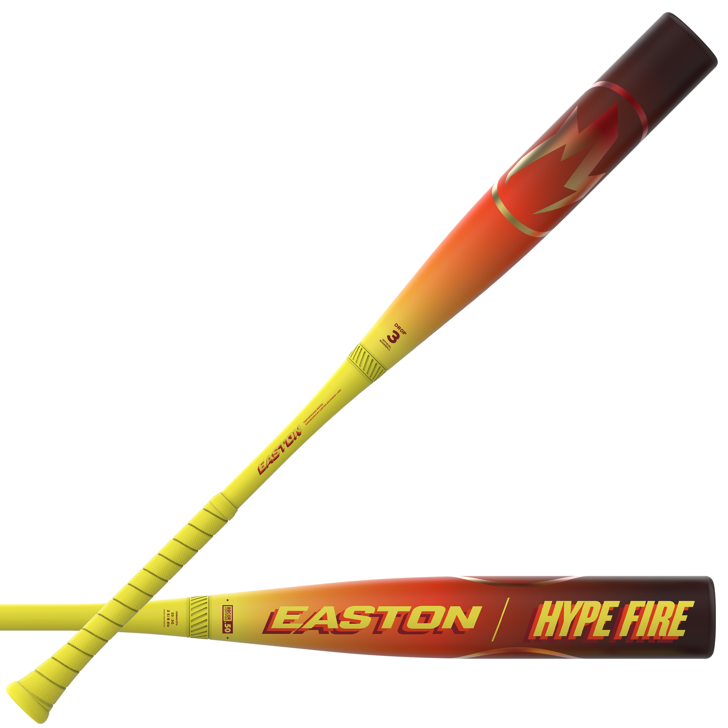 Two yellow and red 2026 Easton Hype Fire (-3) BBCOR Baseball Bats feature "EASTON" and "HYPE FIRE" on the composite barrel, yellow handles, and a bold red-yellow gradient design. Brand: Easton. Model: EBB6HYP3.