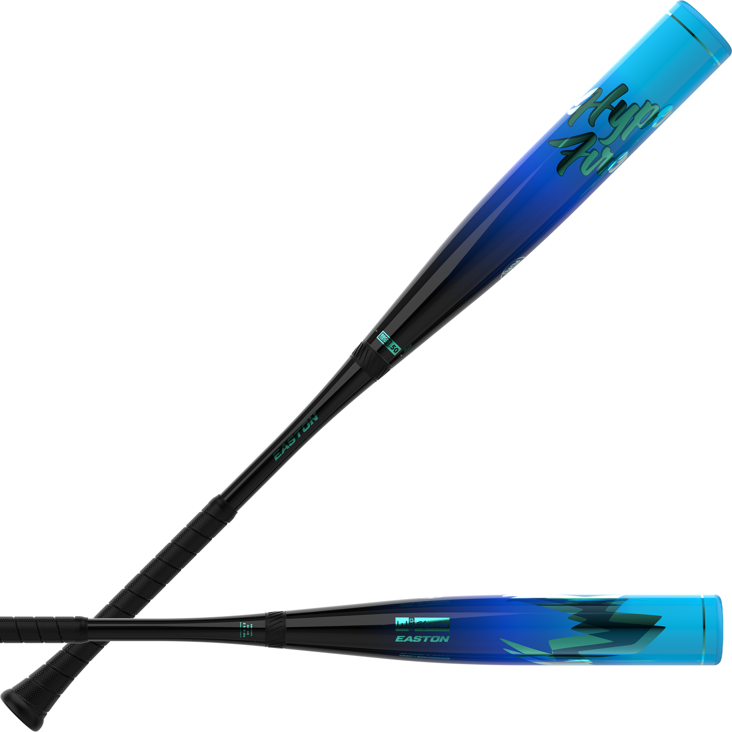 Two Easton Hype Fire (-3) BBCOR baseball bats, each featuring a striking blue and black composite design with teal accents—one adorned with the TCT Barrel’s lightning graphics and the other displaying the Easton Hype Fire BBCOR logo—both with black handles and teal-tipped ends, are positioned on a white background.