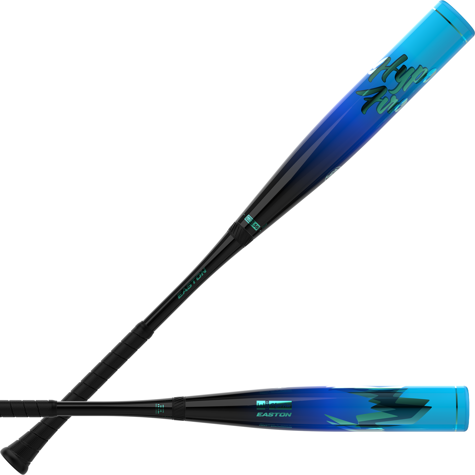 Two Easton Hype Fire (-3) BBCOR baseball bats, each featuring a striking blue and black composite design with teal accents—one adorned with the TCT Barrel’s lightning graphics and the other displaying the Easton Hype Fire BBCOR logo—both with black handles and teal-tipped ends, are positioned on a white background.