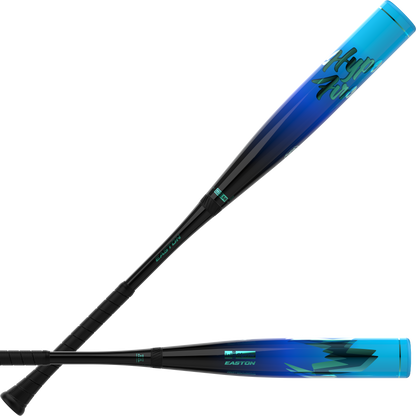 Two Easton Hype Fire (-3) BBCOR baseball bats, each featuring a striking blue and black composite design with teal accents—one adorned with the TCT Barrel’s lightning graphics and the other displaying the Easton Hype Fire BBCOR logo—both with black handles and teal-tipped ends, are positioned on a white background.